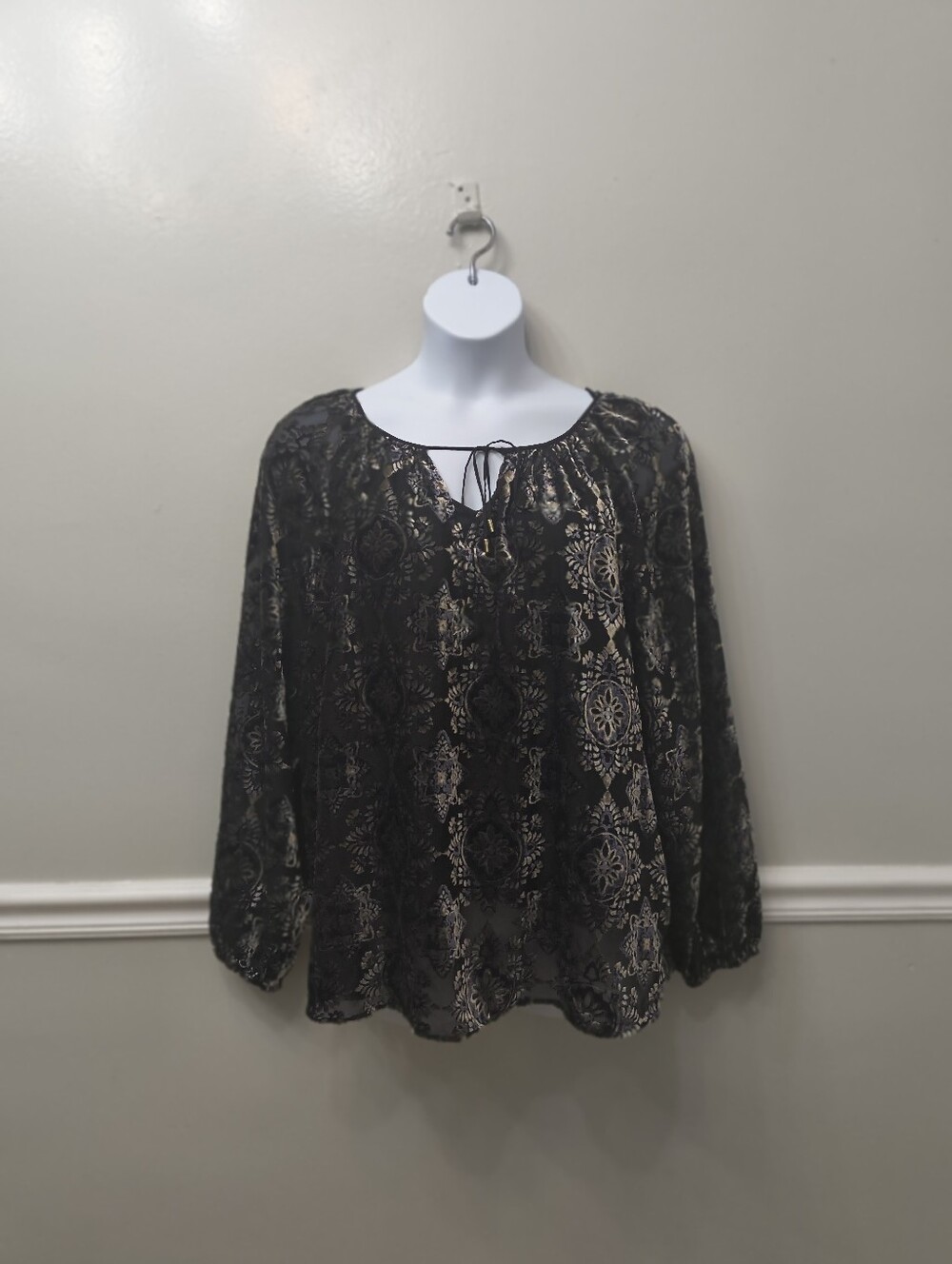 NYDJ Velvet Burnout Peasant Midtown Blouse Metallica Black 1X Dark Romant Boho